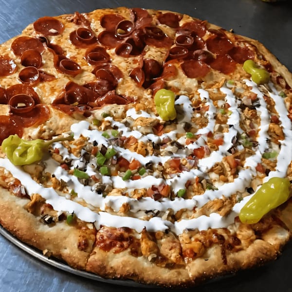 Kraving Kebab Pizza's half pepperoni, half chicken kebab pizza with white sauce and peppers.